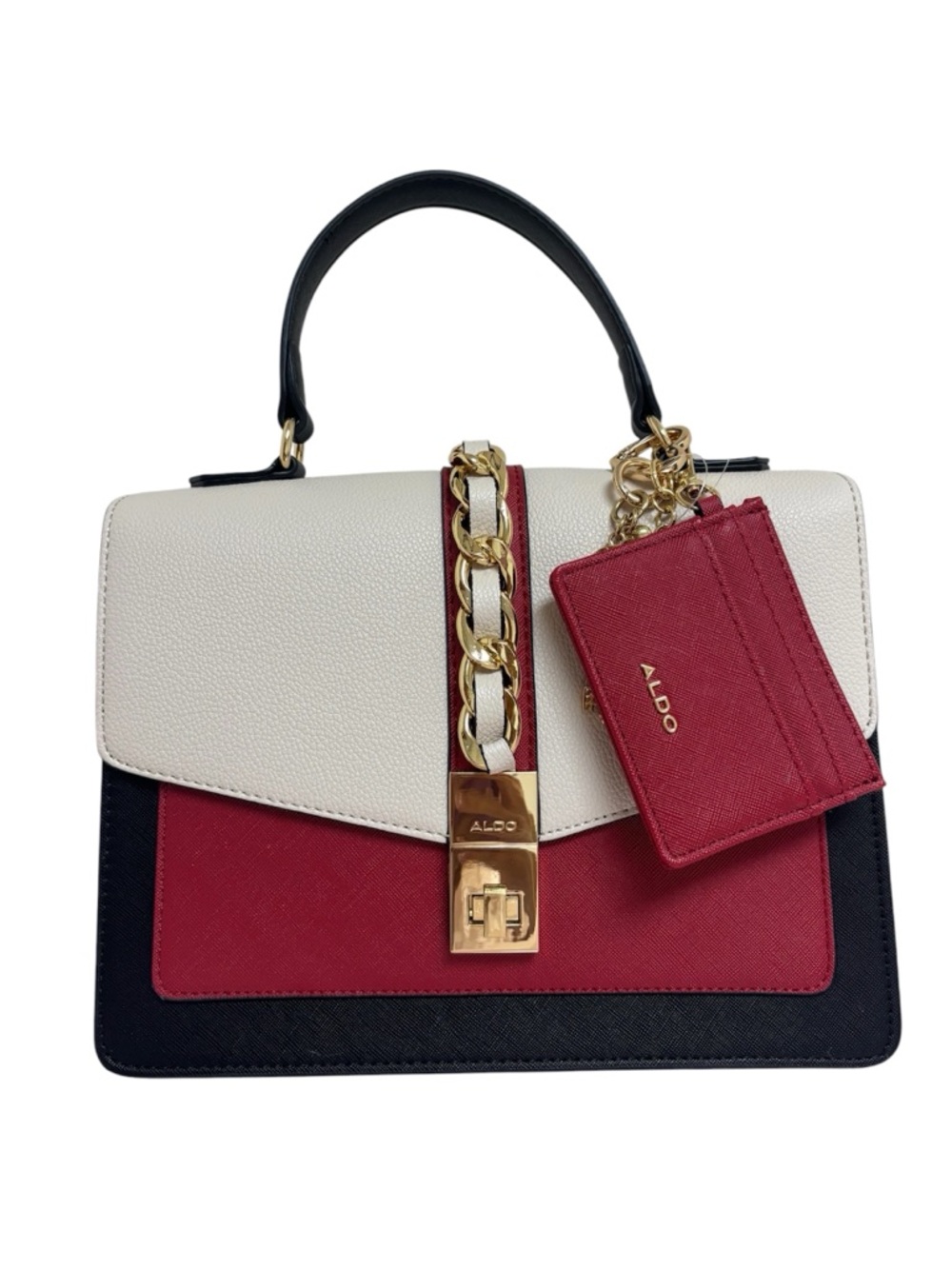 Aldo Tricolor Chain-Accent Top Handle Satchel in White,โ Red & Black
